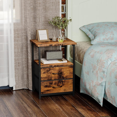 Fixwal Night Stand with Charger Station, Nightstand with Charging Station & Fabric DrawersRustic Brown