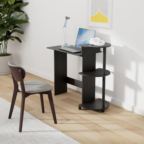 Furinno Compact Computer Desk with Shelves, Round Side, Americano/Black Finish