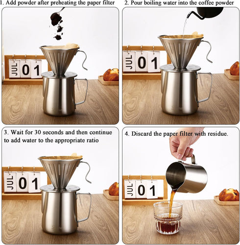 304 100 600ml Lalord Pour Over Coffee Maker, Stainless Steel wIth pcs Paper Filters & Milk Frothing Pitcher, for Home