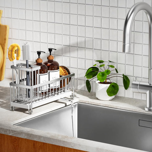 Countertop 304 10.62) Cisily Sponge Holder for Kitchen Sink, Sink Caddy Organizer with High Brush Holder, Kitchen