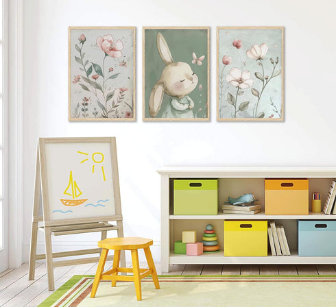 PPJ 3Pcs Nursery Bunny Wall Art Cute Rabbit Botanical Flowers Wall Decor Green Nursery Pictures Posters Girl Bedroom
