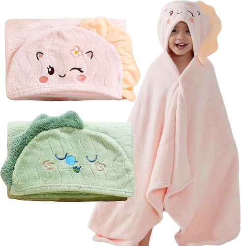 Hooded Towel for Kids, 2 Pack Coral Fleece Kids Bath Towels, Soft