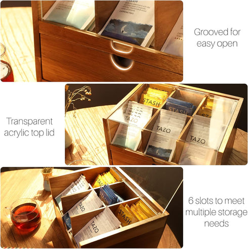 2 9 HTB Large Tea Organizer Tier with Drawer, Tea Bag Organizer with Acrylic Transparent Hinged Lid, Compartments