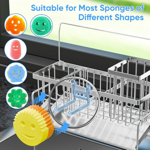 304 Countertop, Sponge Holder for Kitchen Sink Stainless Steel Self-Draining Sink Caddy with Smiley Face Sponge