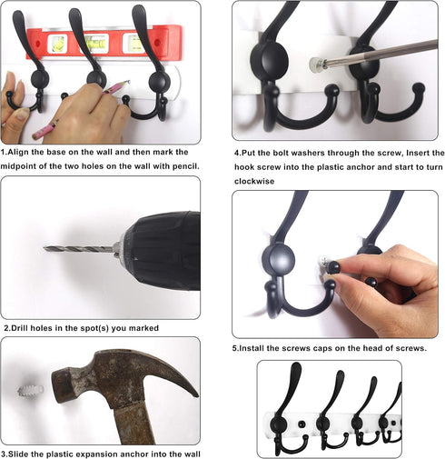 WEBI Coat Rack Wall Mounted - 5 Heavy Duty Metal Hooks for Hanging Coats, 2 Packs