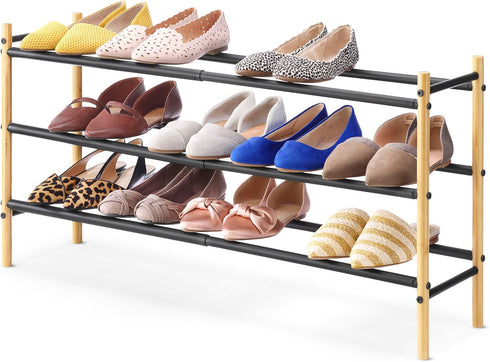 3-Tier 12 Whitmor Expandable Shoe Rack - Store up to pairs of shoes - Bamboo & Matte Black