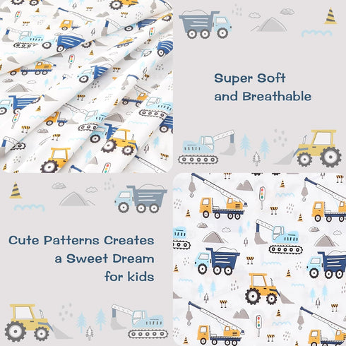 lasoftan Set 3 Set Kids Sheet Twin Size Pcs, Boys Sheet with Blue Excavator Car PatternKids Boys Twin Fitted