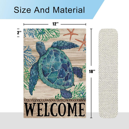 Welcome Sea Turtle Garden Flag 12x18 Inch, Double Sided Burlap Welcome Summer Rustic Coastal Yard Decoration