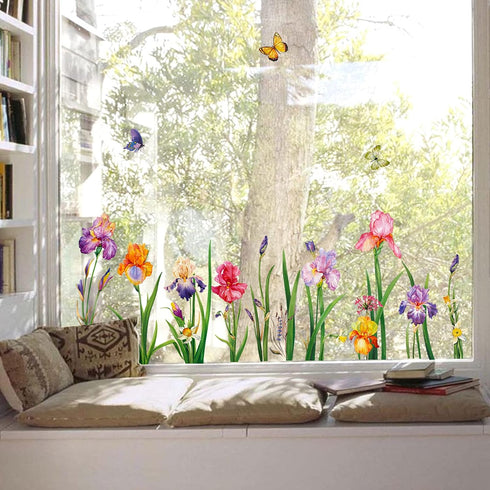 Decalmile Double Sided Iris Floral Spring Easter Garden Flower Window Clings & Stickers for Mom