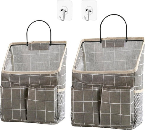 2pcs Wall Hanging Storage Bag, Organizer Bags with Pockets for Dormitory Bathroom Bedroom Kitchen (Grey Grid)