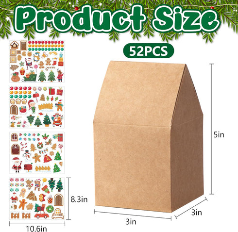 Wehhbtye 52 Sets Packaging Christmas Gingerbread House Cardboard, Gingerbread House Shaped Boxes with Stickers, Xmas