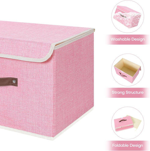 ANMINY Storage Bin with Lid, Decorative Foldable Lidded Cotton Linen Fabric Home Cubes Baskets Closet Organizer - Pink,