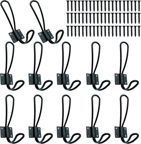 Rustic Entryway Hooks - 12 Pack Farmhouse Hooks with Metal Screws, Black Decorative Wall Mounted Coat Rack