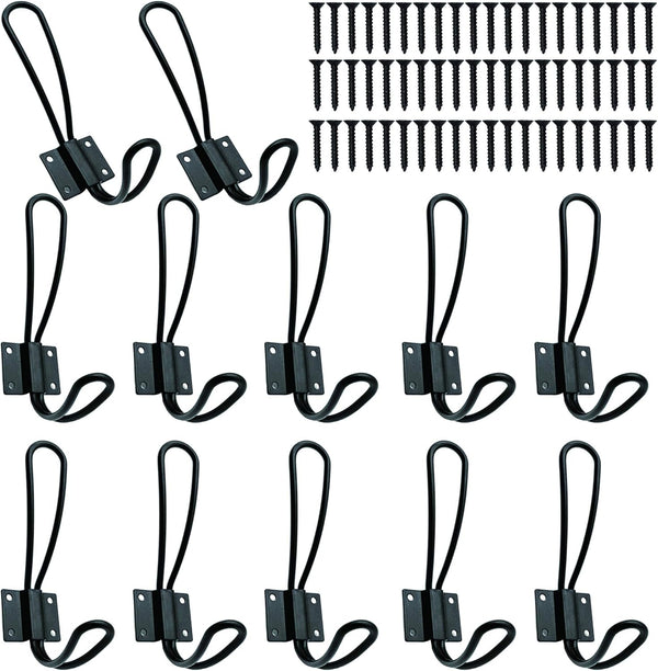 Rustic Entryway Hooks - 12 Pack Farmhouse Hooks with Metal Screws, Black Decorative Wall Mounted Coat Rack