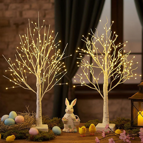 AOLTNRC 2 Pack 144 2FT Lighted Trees for Indoor Decor with Timer, LED White Light up Birch Tree Tabletop Lamp