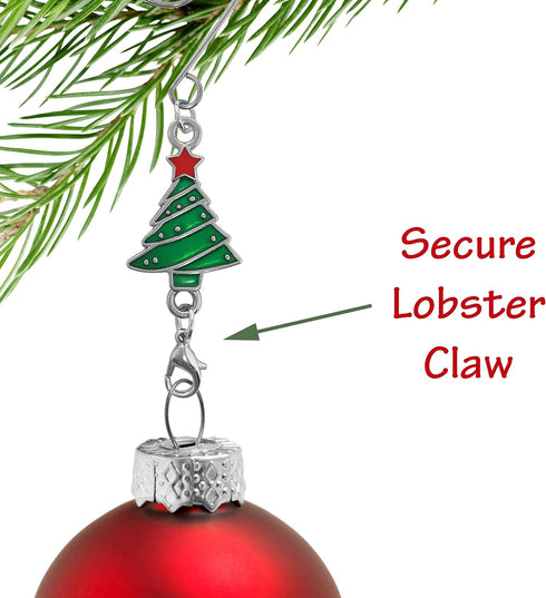 Ornament Hooks Set of 12 - Christmas Tree Shaped S-Hook & Lobster Claw, Enameled Trees with Red & Green Ornaments, 3.5"