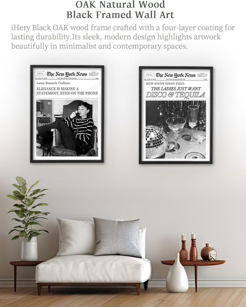 12x16in Set 1 iHery Natural Black OAK Wood Disco Tequila Newspaper Framed Wall Art, Trendy Modern Cocktail Bar Cart