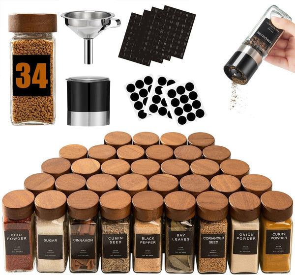 Yangbaga 34Pcs Glass Spice Jars with Labels-4oz Acacia Wood Lid Square Spice