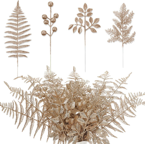 Moucuny 40 Pcs Christmas Glitter Artificial Picks Set Leaf Sprays Cedar Picks Glitter