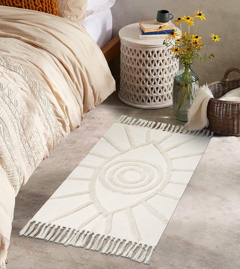 Uphome Boho Bathroom Rugs 2'x3' - Beige Evil Eye Tufted Entryway Mat with Tassels, Soft Machine Washable Cotton Rug