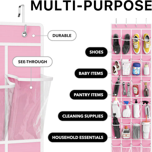 24 (64'' 19'') Simple Houseware Pockets - Crystal Clear Over The Door Hanging Shoe Organizer, Pink x