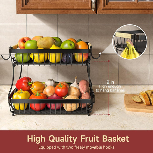 2 Counter 2 2026 Sevenblue Tier Large Fruit Basket for Kitchen with Mobile Banana Hangers, Pro Detachable Metal Fruit