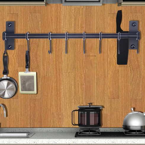 Dseap Pot Rack - Pots and Pans Hanging Rack Rail with 8 Hooks, Wall Mounted Kitchen Pot Hangers, Black