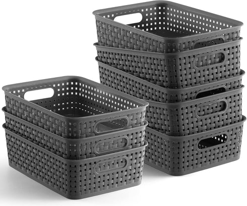 NETANY Plastic Storage Baskets, 8 Pack, Gray, Durable, Flexible, Multi-Purpose for Closets, Cabinets, Shelves
