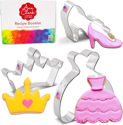 Princess Cookie Cutters Set, 3-Pc Made in USA by Ann Clark, Crown, Glass Slipper, Dress