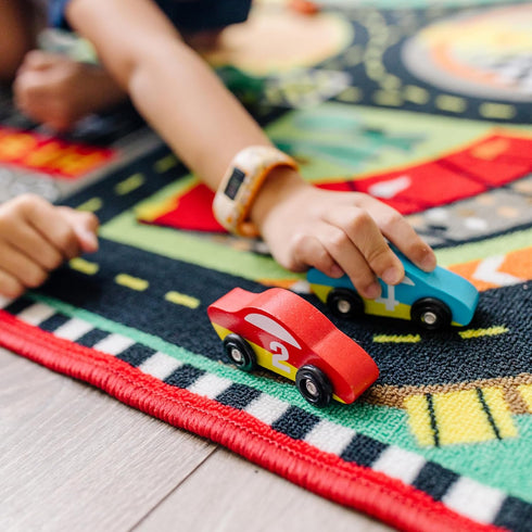 Race Track Play Rug with Wooden Cars for Kids