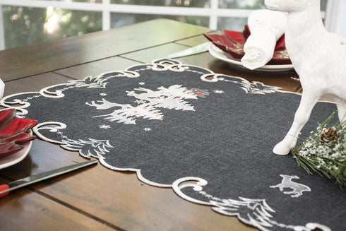 Embroidered Christmas Holiday Table Runner, Silver Reindeer & Scene on Dark Gray, Rectangle 16Wx33L