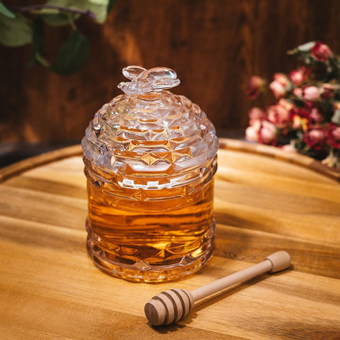 14oz Crystal Bee Honey Dish Jar with Dipper and Lid Elegant Glass Beehive Honey Pot for Rosh Hashanah, Holidays