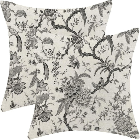 Spring Floral Birds Pillow Covers Set of 2, 18 x 18 Inch Black and White Chinoiserie Flowers Outdoor Decorative Cushion