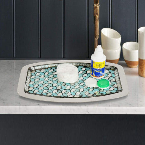 nu steel Sea Foam Amenity Tray, Aqua Blue/Silver Glass Mosaic, Stainless Steel for Bathrooms & Vanity Spaces