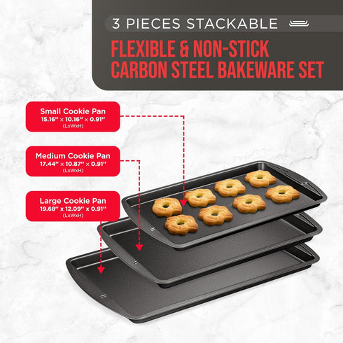 Bakken Swiss Cookie Sheet 3 Piece Set - Non-Stick, Stackable Baking Pans, Gray Deluxe Ceramic Coating – Dishwasher Safe - for Home Baking by BAKKENMASTER