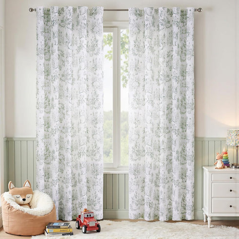 jinchan 84 inch Country Set 2 Linen Nursery Curtains Long Woodland Wildlife Sage Green Print Drapes for Kid's Room