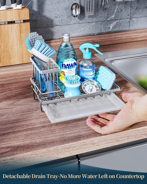Consumest Sink Caddy, Kitchen Sponge Holder + Dish Brush Holder with Drip Tray for Countertop, Stainless Steel Rustproof