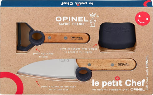 Opinel Le Petit Chef Kitchen Knife Set for Children, 3 Pieces in Blue, Chef's Knife, Finger Guard, Peeler