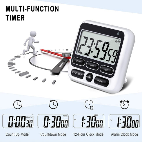 KTKUDY Digital Kitchen Timer with Mute/Loud Alarm, 24 Hour Clock & Memory Function, Large LCD Display (Black)