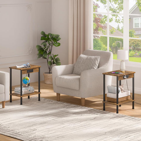 Table,2-Tier YUFAM End Table with Charging Station,Small Side Nightstand with Storage Shelf,Sofa Bedside Table