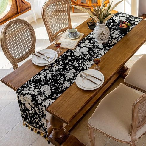 13 82 Inch Floral Jacquard Dining Table Runner with Fringe Elegant Natural End Table Runner for Graden Kitchen