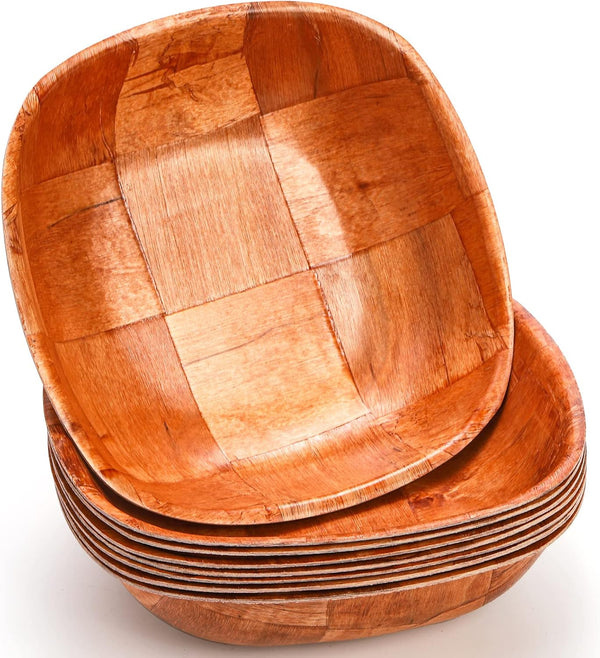 Elsjoy 8 Pack 8 Inch Wooden Woven Salad Bowls, Reusable Square Serving Bowl Set, Unbreakable Snack Bowls