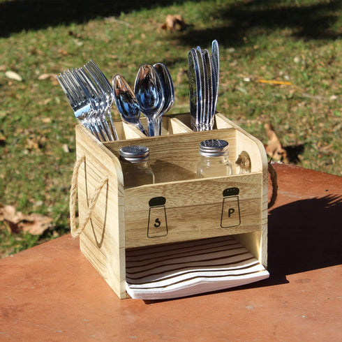 Ikee Design 2 Piece Wooden Utensil Caddy Set - Includes Free Salt Pepper Shaker, Oak Color Silverware Holder for Kitchen