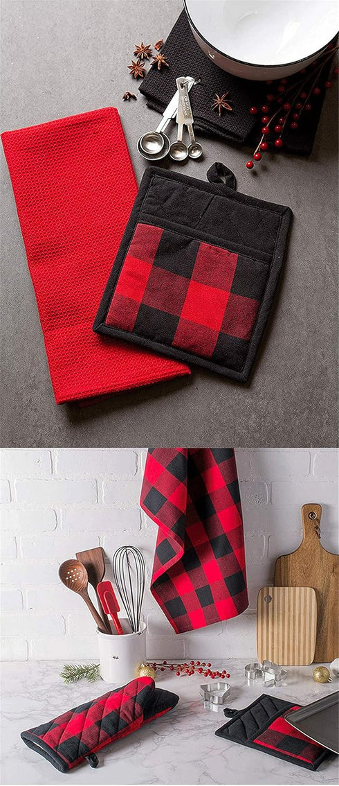 4/6 Pack Buffalo Check Plaid Pot Holders with Pocket, Kitchen Hot Pad Oven Mitts for Cooking and Baking (Red, 6 Pack)