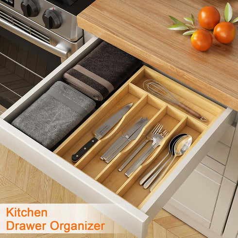 Bamboo Utensil Organizer for Kitchen Drawers, Utensil Tray and Cutlery Silverware Holder,Wood Drawer Dividers with 5 Slots by Youpehom