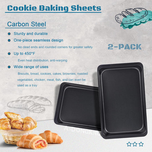 Baking Sheet Pans, Nonstick Heavy Carbon Steel Cookie Tray, 2-Pack, 12 X 7.5 Inches