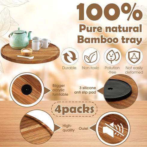 Kigley 4 Pcs Acacia Wood Lazy Susan Organizers, Non Skid Kitchen Turntable for Spice, Olive Oil Storage (14 Inch)