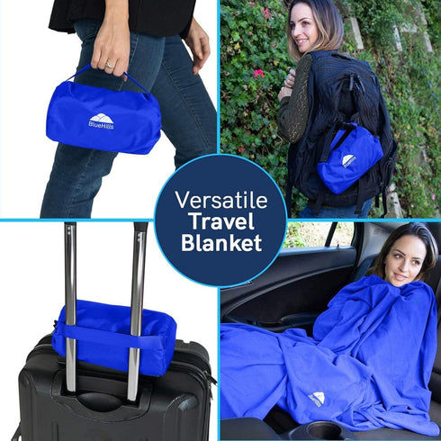 BlueHills Ultra Compact Travel Blanket Pillow in Portable Bag Case - Cozy Soft Large Blanket for Airplane Flight