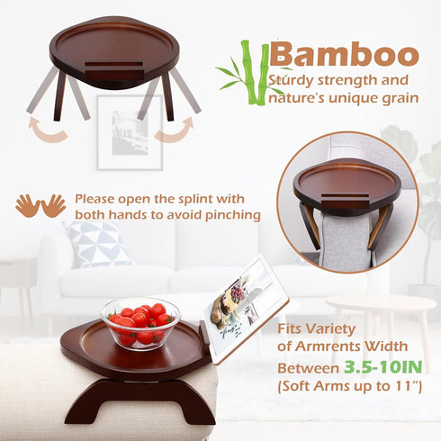 360 SINWANT Couch Arm Table, Bamboo Round Sofa Clip on Tray with Phone Holder,Foldable Couch Armrest Table Eating on