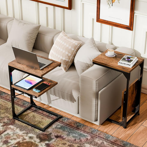 2 Simple Trending C Shaped End Table for Couch, Foldable Table with Shelf Storage, TV Tray Table for Sofa Bedside